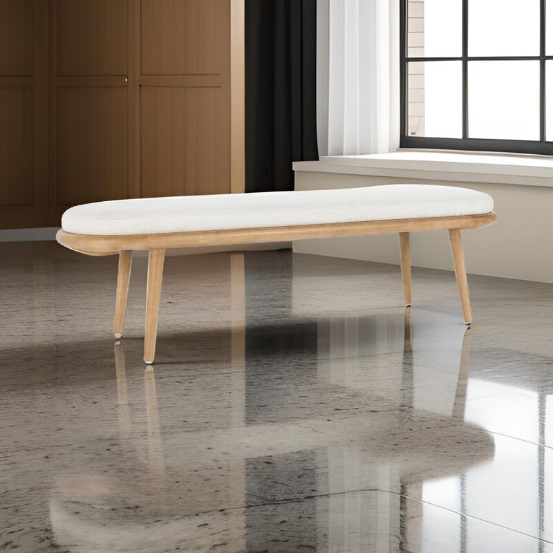 Eli 60 Inch Modern Rounded Bench, Polyester, Splayed Legs, Brown, White-Benzara