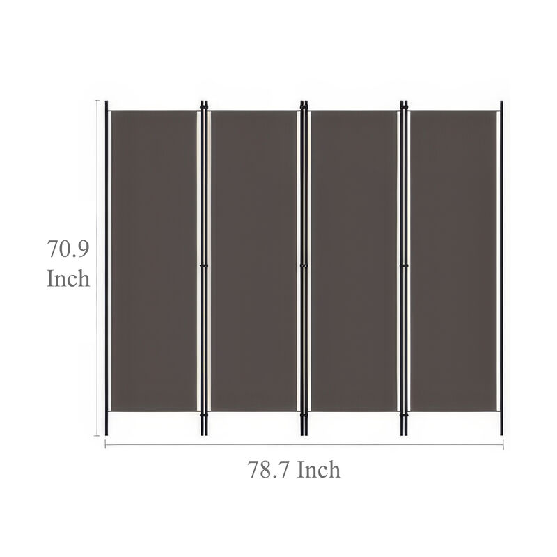 Freestanding Room Divider with 4 Panels, Dark Gray Fabric, 71x79 Iron - Benzara
