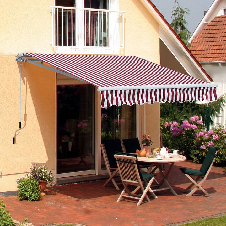 Burgundy Striped Shade: 10x8 Ft Retractable Cranking Patio Awning