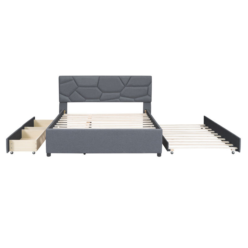 Merax Upholstered Platform Bed with Brick Pattern Headboard, with Twin XL Size Trundle and 2 drawers, Linen Fabric