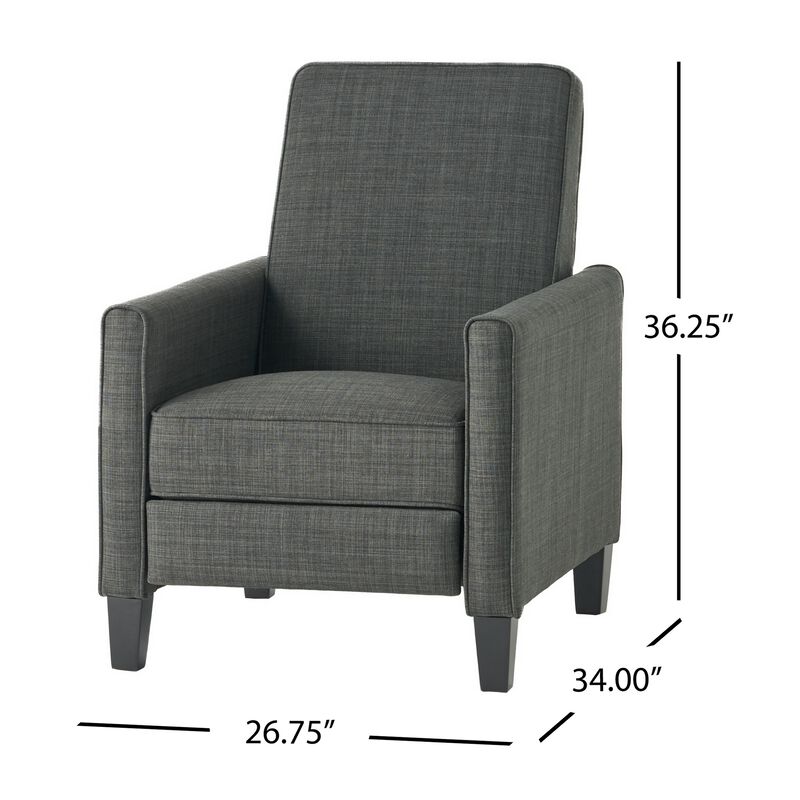 Zuca Pushback Recliner Club Chair, Premium Padded, Black Wood, Gray Linen - Benzara