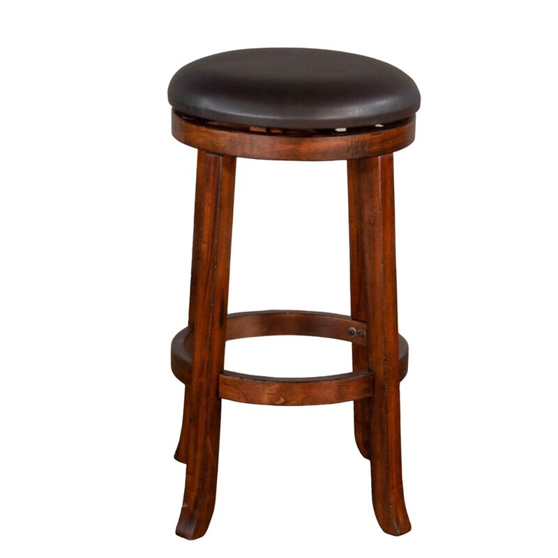 Reggie Swivel Counter Stool Set of 2, Black Faux Leather, Brown Wood - Benzara
