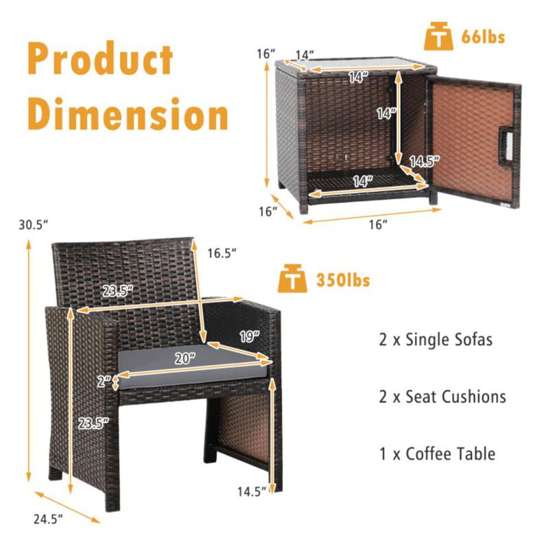 Hivvago 3 Pieces Patio Wicker Furniture Set with Storage Table and Protective Cover