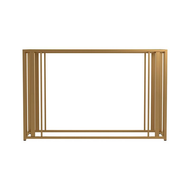 Glass Top Sofa Table with Metal Tubular Base, Brass-Benzara