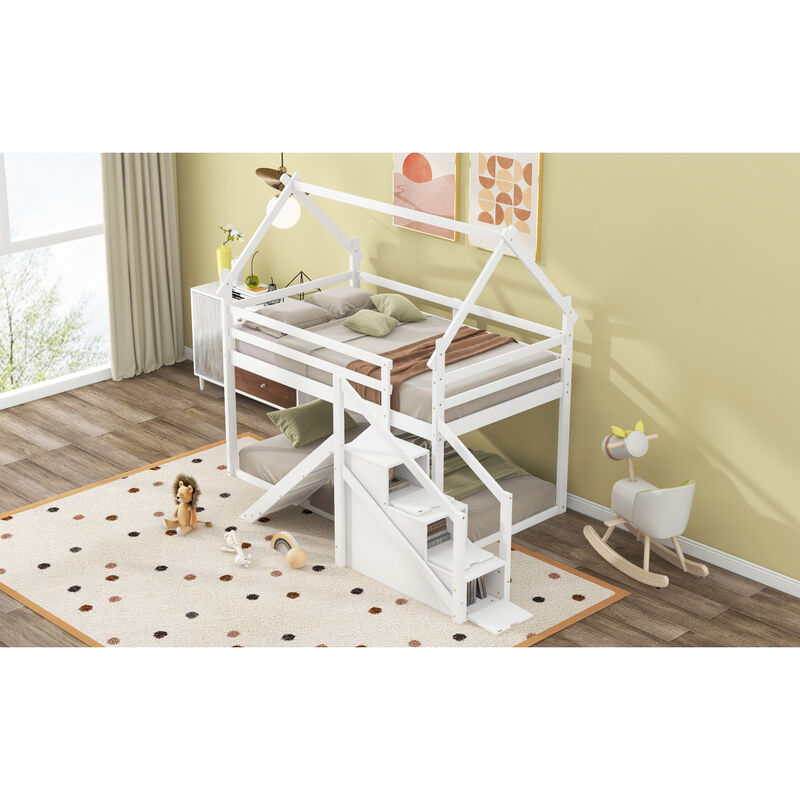 Twin Over Twin House Loft Or Bunk Bed With Slide And Staircase