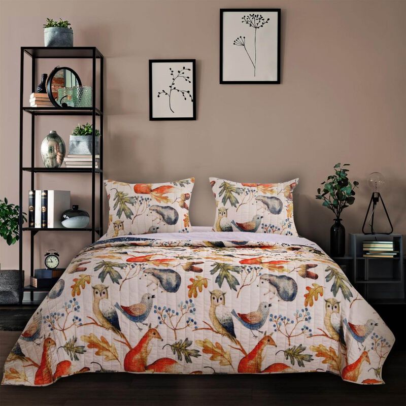 Hivvago King 3 Piece Blue Beige Birds Animals Floral Microfiber Reversible Quilt Set