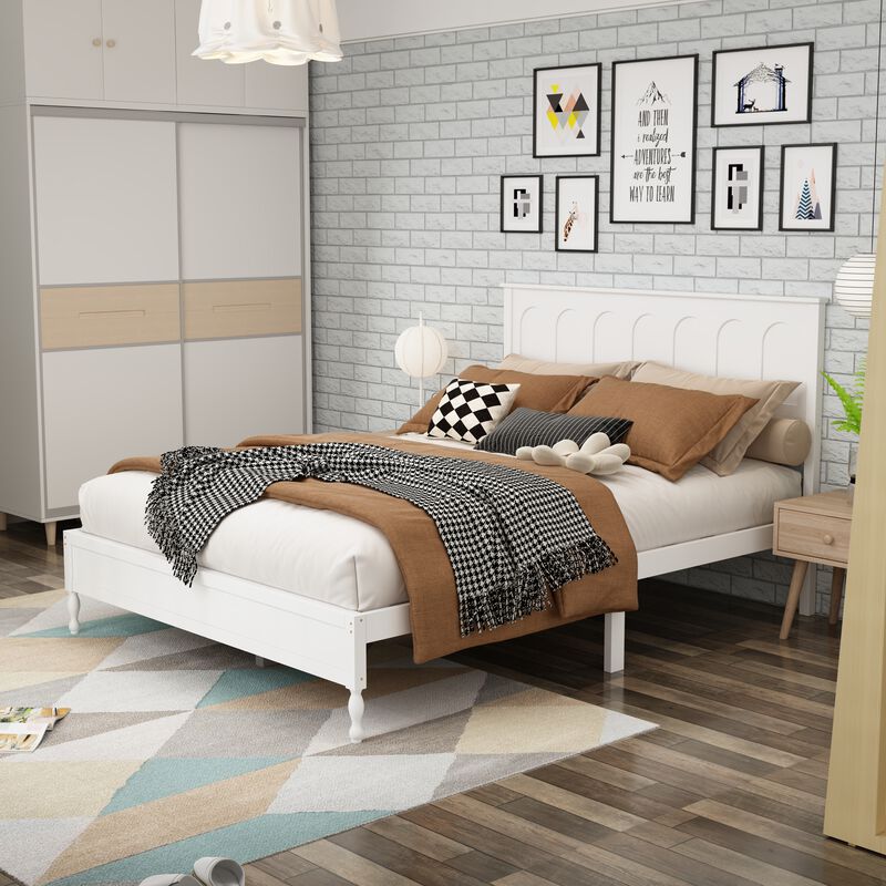 FUFU&GAGA Modern White Rubberwood Bed with Slats, 800 lbs Weight Capacity (81.7" L x 43.7" H x 60.2" W), White