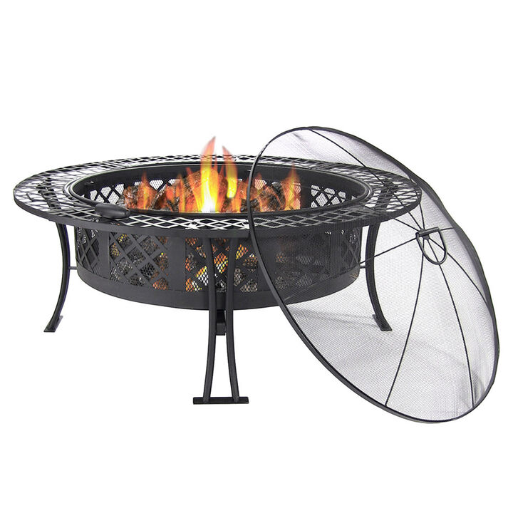 Sunnydaze 40 in Diamond Weave Steel Fire Pit with Spark Screen and Poker