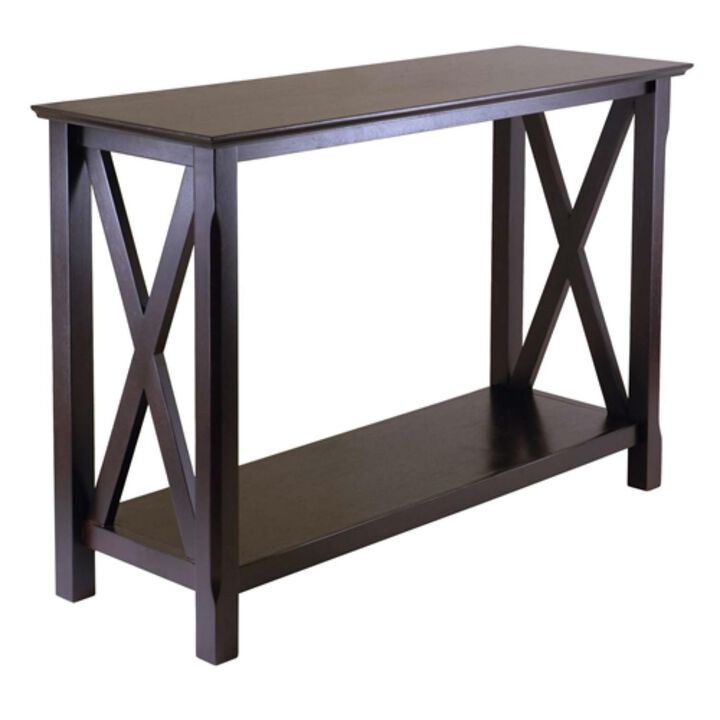 Hivvago Cappuccino Brown Wood Console Sofa Table with Bottom Shelf