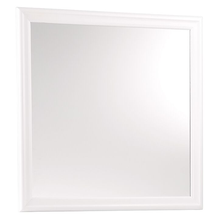 Transitional Square Mirror with Wooden Encasing and Convex Edges, White-Benzara