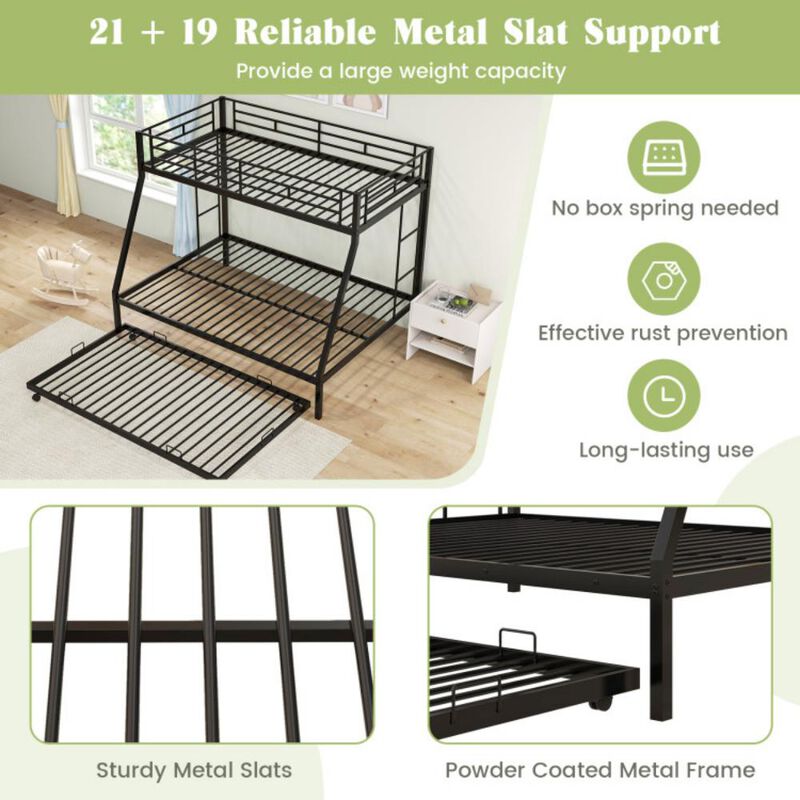 Twin Over Full Bunk Bed Frame with Trundle for Guest Room-Black