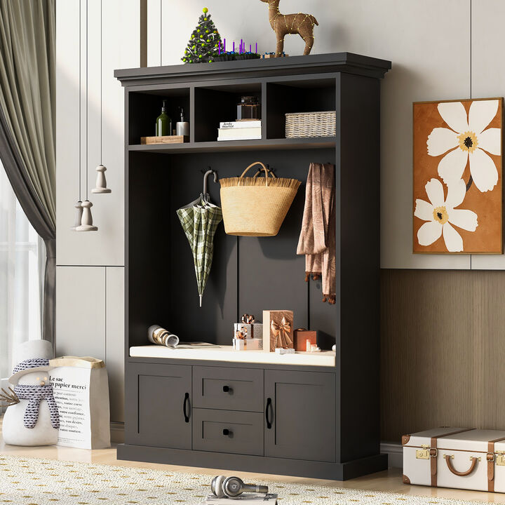 Merax Traditional Coat Rack Hall Tree with 3 Hooks and Storage Bench