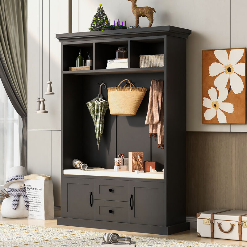 Merax Traditional Coat Rack Hall Tree with 3 Hooks and Storage Bench