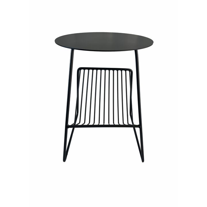 Zeo Side End Table w Magazine Rack, 14 Inch Round Top, Black Metal - Benzara