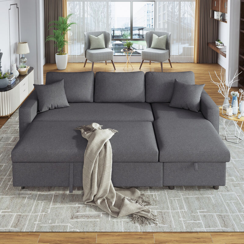 Upholstery Sleeper Sectional Sofa With Storage Space, 2 Tossing Cushions