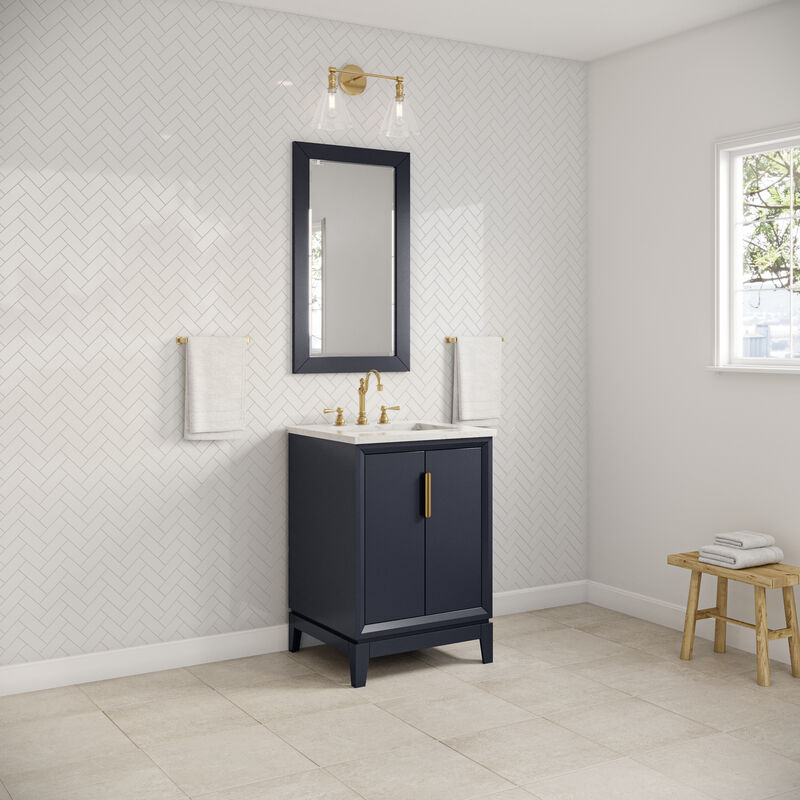 Elizabeth 24 In. Single Sink Carrara White Marble Countertop Bath Vanity In Monarch Blue with Satin Gold Hardware