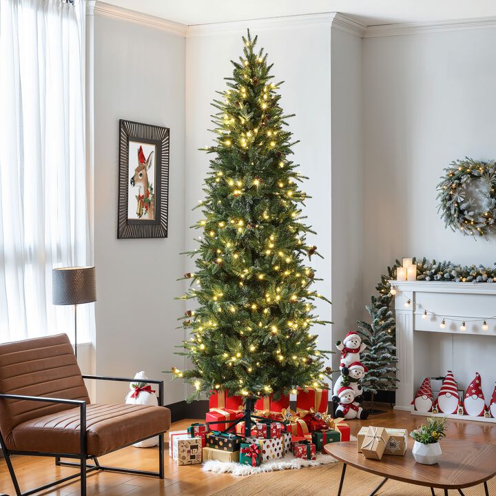 LuxenHome 7.5Ft Pre-Lit Green Slender Artificial Christmas Tree with Pine Cones
