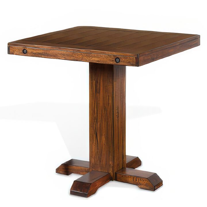 Reggie Bar Table, Adjustable Pedestal Base, 36 Inch Square Top, Brown - Benzara