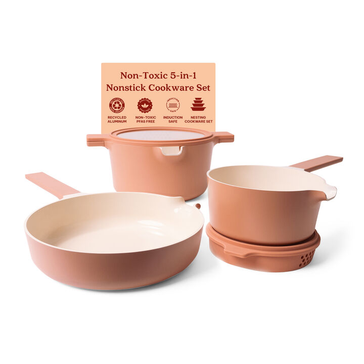Alva Neat 5-in-1 Ceramic Nonstick Cookware Nesting Set, Recycled Aluminum Non-Toxic PFAS, PFOA & PTFE Free, Frying Pan, Cookware Set Compatible with All Cooktops & Induction Safe, Oven Safe
