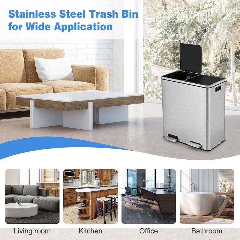 16 Gallon Dual Step Trash Can Recycling Double Bucket Pedal