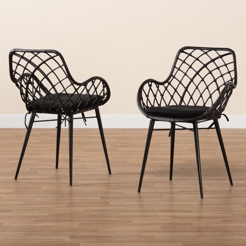 Bali & Pari Ballerina Modern Black Finished Rattan and Metal 2-Piece Dining Chair Set