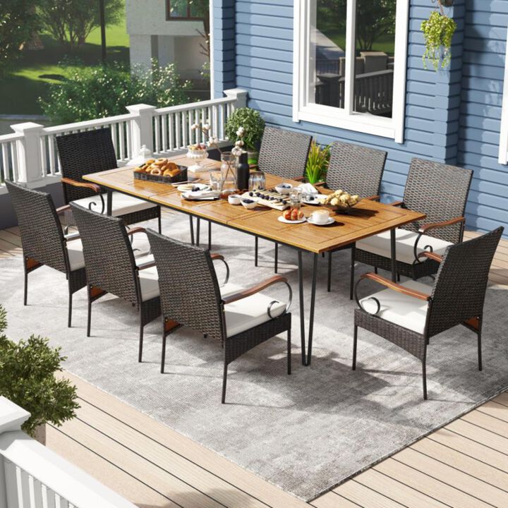 Hivvago 9 Pieces Outdoor Patio Dining Set with Soft Cushions and Umbrella Hole