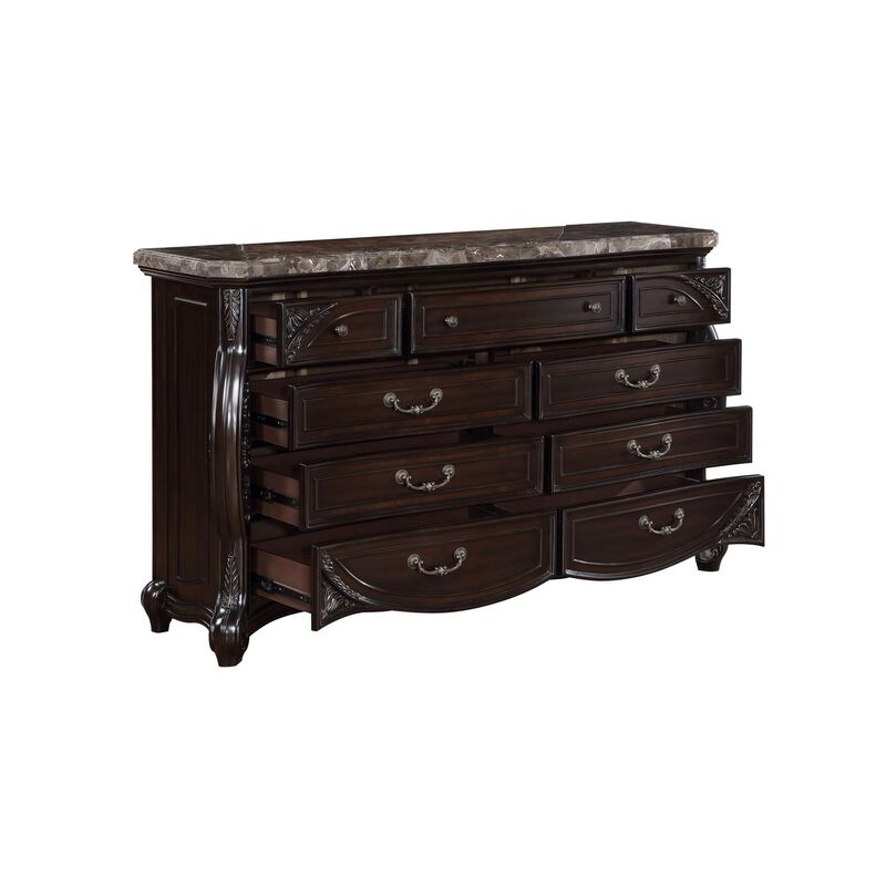 Benjara Faya 68 Inch Wide Dresser, 9 Drawers, Marble Top, Carved Walnut Wood, Brown, Silver