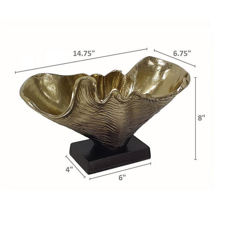 15 Inch Curved Shell Decorative Bowl, Aluminum, Square Base, Gold and Black - Benzara