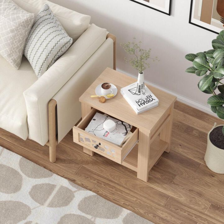 Hivvago Wood Retro End Table with Mirrored Glass Drawer and Open Storage Shelf