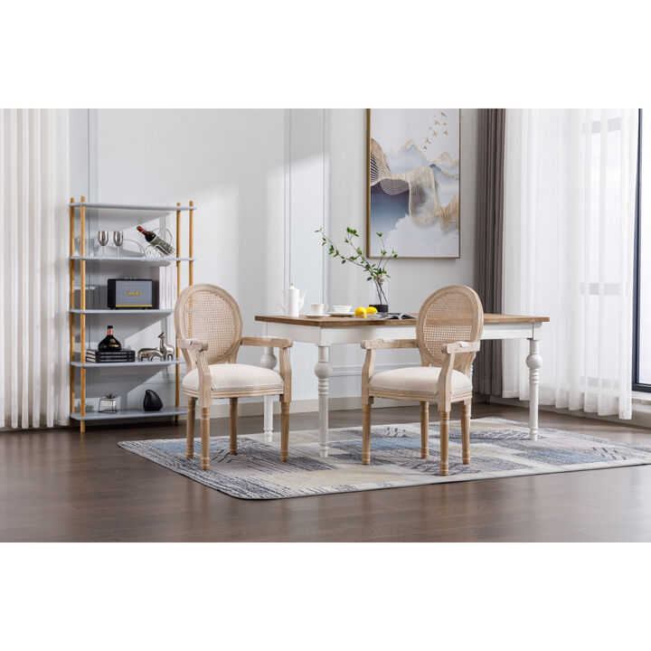 French Vintage Upholstered Fabric Dining Armchair, Beige