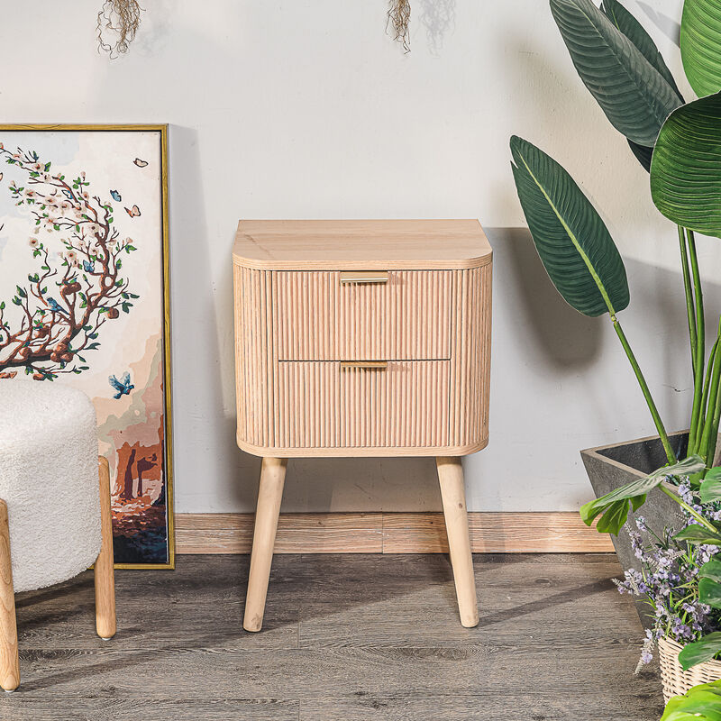 Bedside Table 2 Drawers Natural Wood