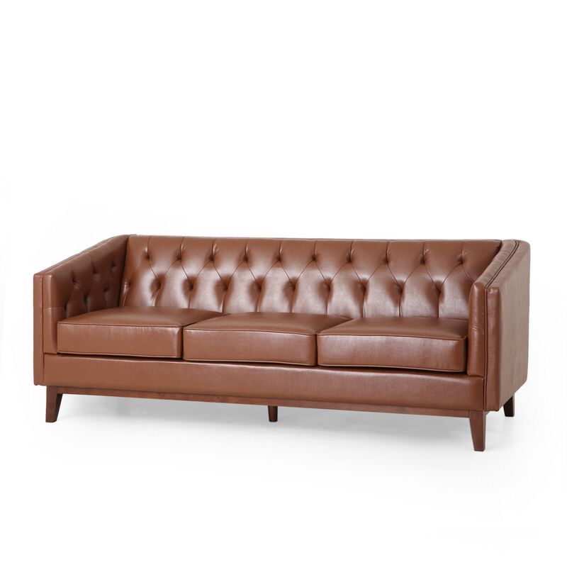 Vella Sofa, Pull Point Back Tufted Light Brown Faux Leather