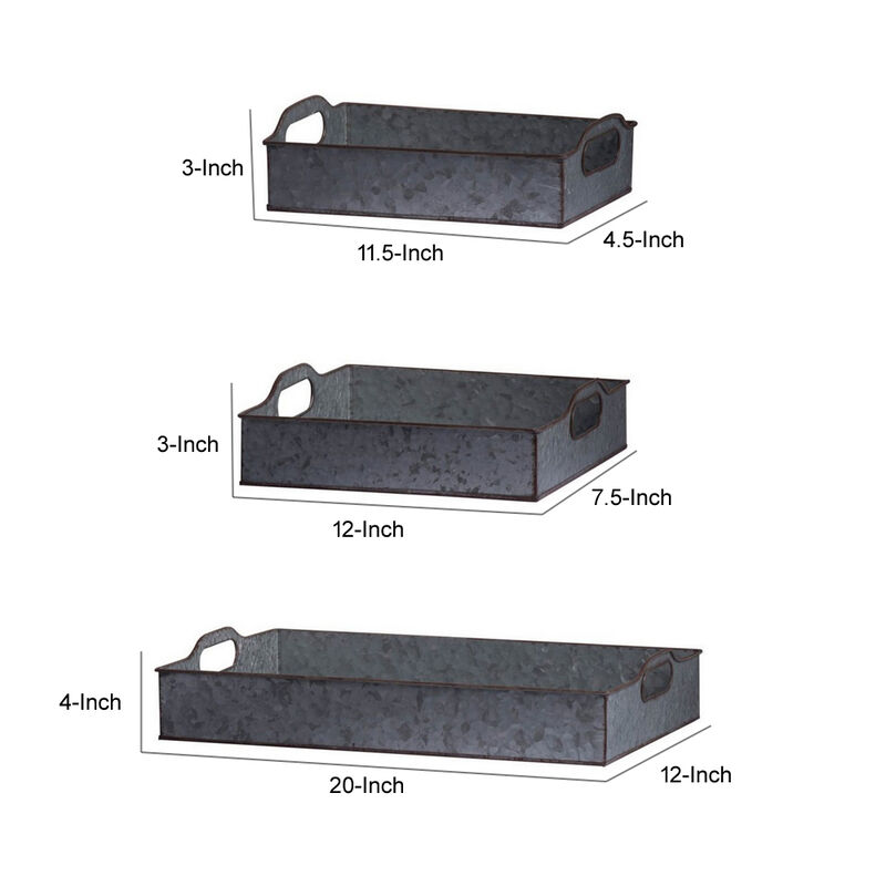 12, 12, 20 Inch Set of 3 Nesting Trays, Rectangular, Galvanized Gray Iron - Benzara