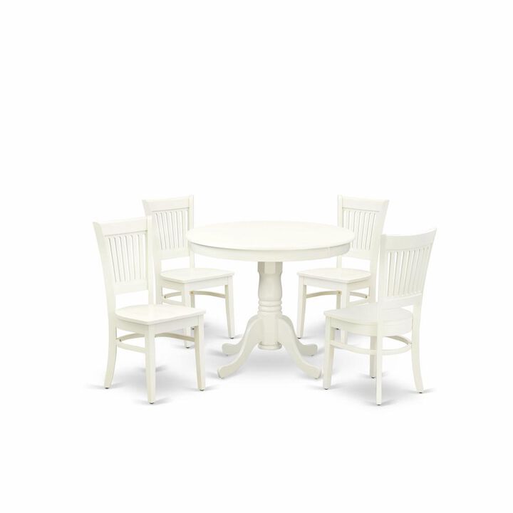 East West Furniture ANVA5-LWH-W - 5-Piece Kitchen Dining Set- 4 Wooden Chairs and Dining Room Table - Wooden Seat and Slatted Chair Back (Linen White Finish)