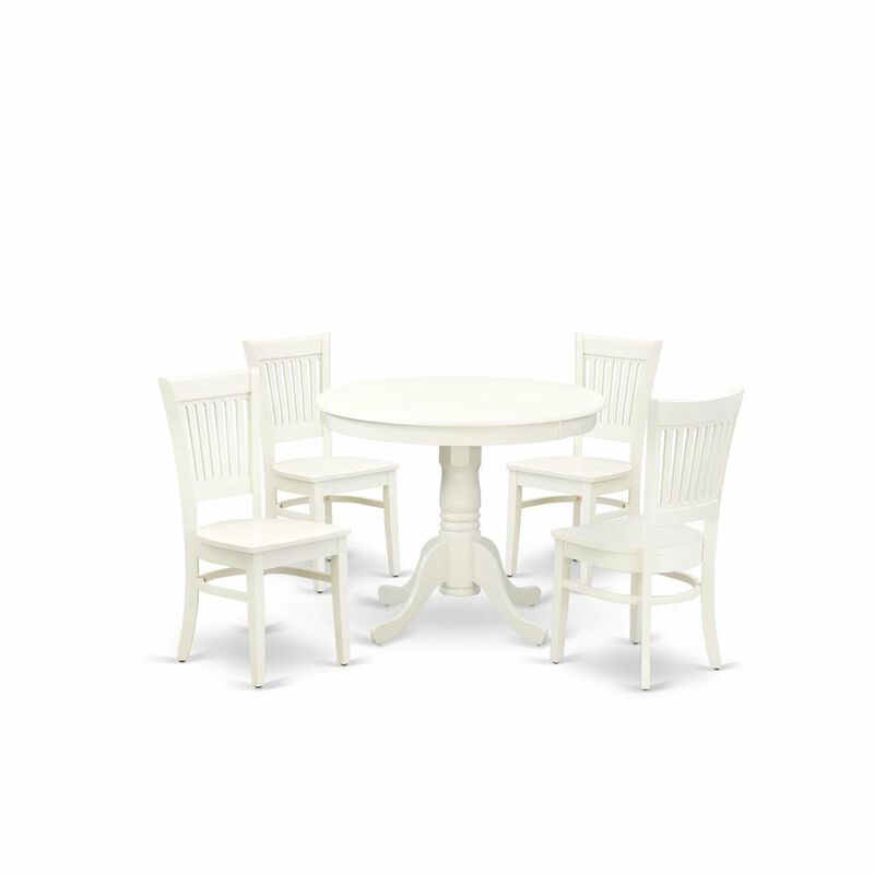 East West Furniture ANVA5-LWH-W - 5-Piece Kitchen Dining Set- 4 Wooden Chairs and Dining Room Table - Wooden Seat and Slatted Chair Back (Linen White Finish)