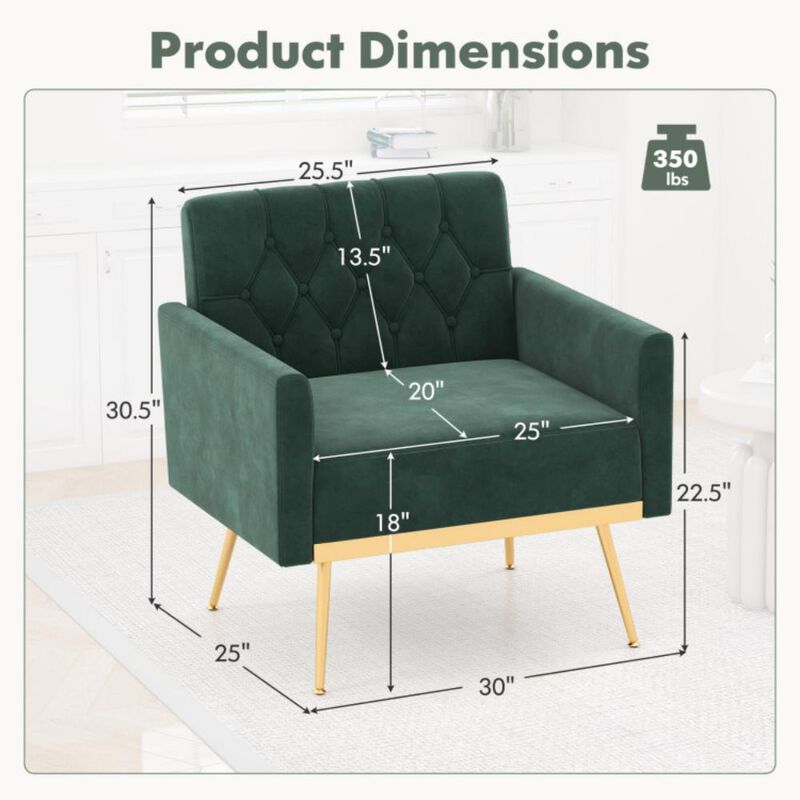 Modern Velvet Accent Chair with Button Tufted Back Golden Metal Legs and Adjustable Foot Pads