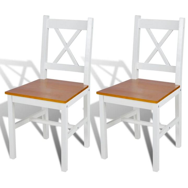 Dining Side Chair Set of 2, X Back Design, White, Brown Pine Wood - Benzara