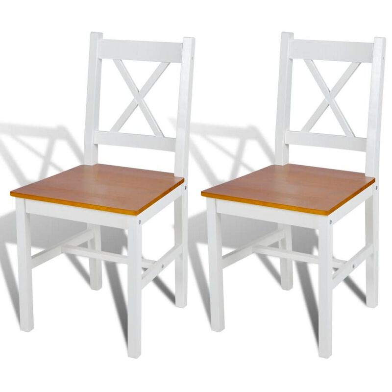 Dining Side Chair Set of 2, X Back Design, White, Brown Pine Wood - Benzara