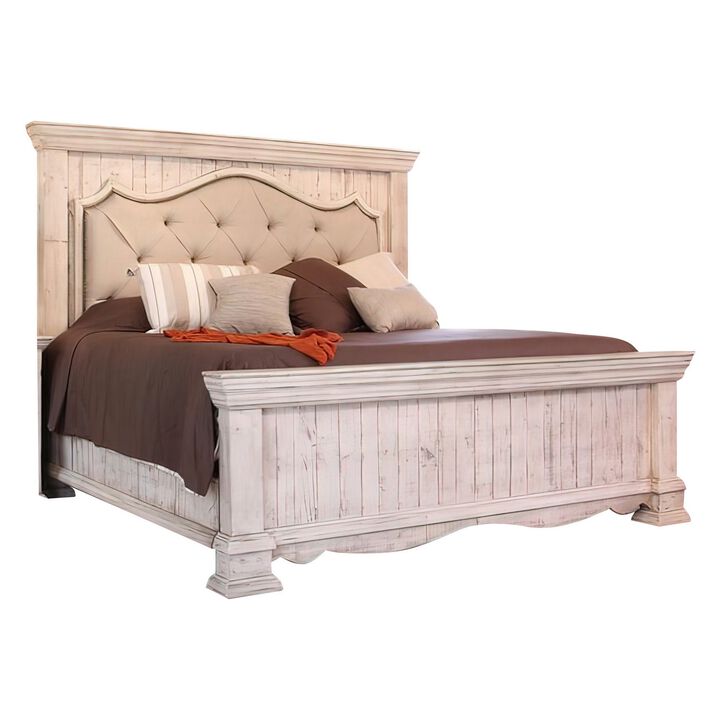 Belo Queen Bed, Pine Wood, Beige Upholstered Headboard, Distressed White - Benzara
