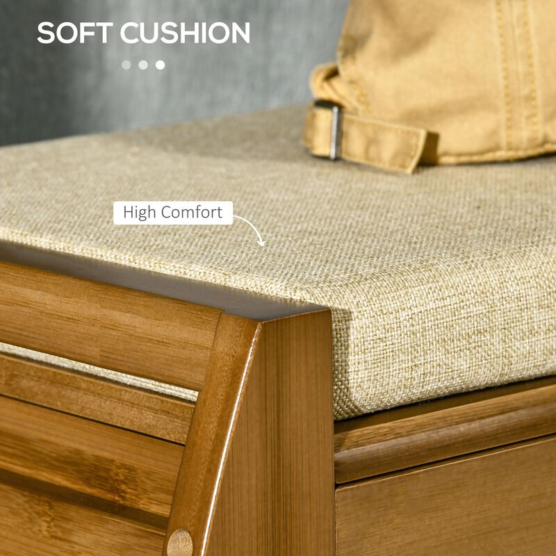 Brown Hallway Organizer: Bamboo Shoe Bench with Storage & Cushion