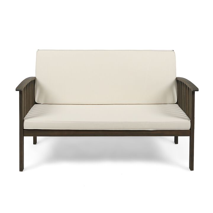 Gerry Outdoor Loveseat, Slat Panel Design, 53 Inch, Ivory Cushions - Benzara
