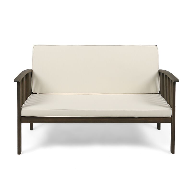 Gerry Outdoor Loveseat, Slat Panel Design, 53 Inch, Ivory Cushions - Benzara