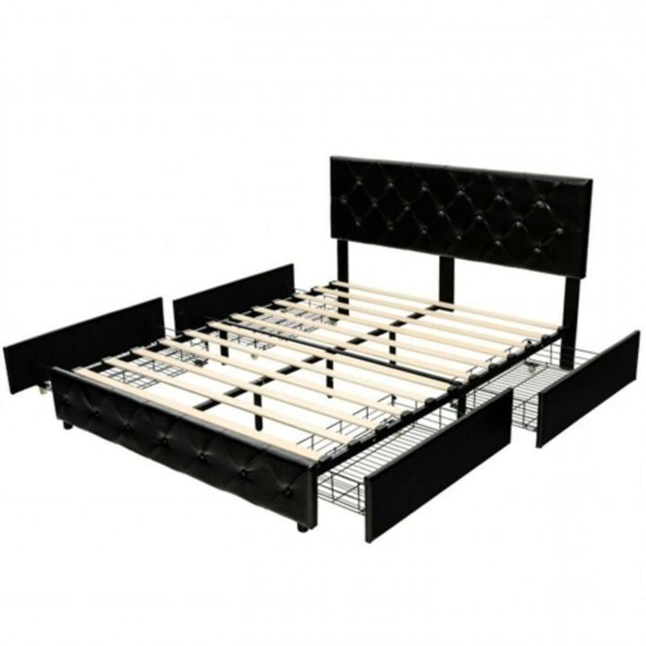 Hivvago Full Size Black PU Leather Button Tufted Platform Bed with 4 Storage Drawers