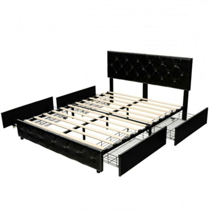 Hivvago Full Size Black PU Leather Button Tufted Platform Bed with 4 Storage Drawers