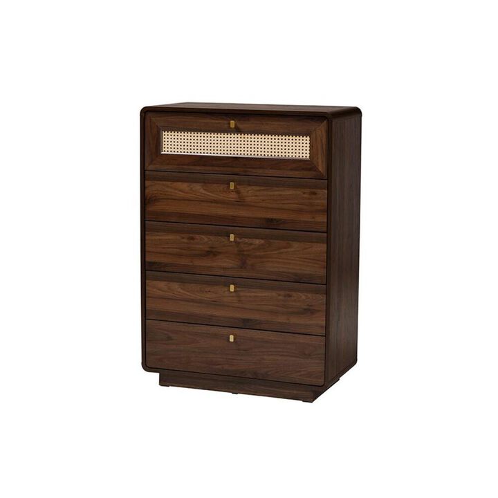 Baxton Studio Jenibelle Classic Walnut Brown Wood 5-Drawer Chest with Rattan Drawer