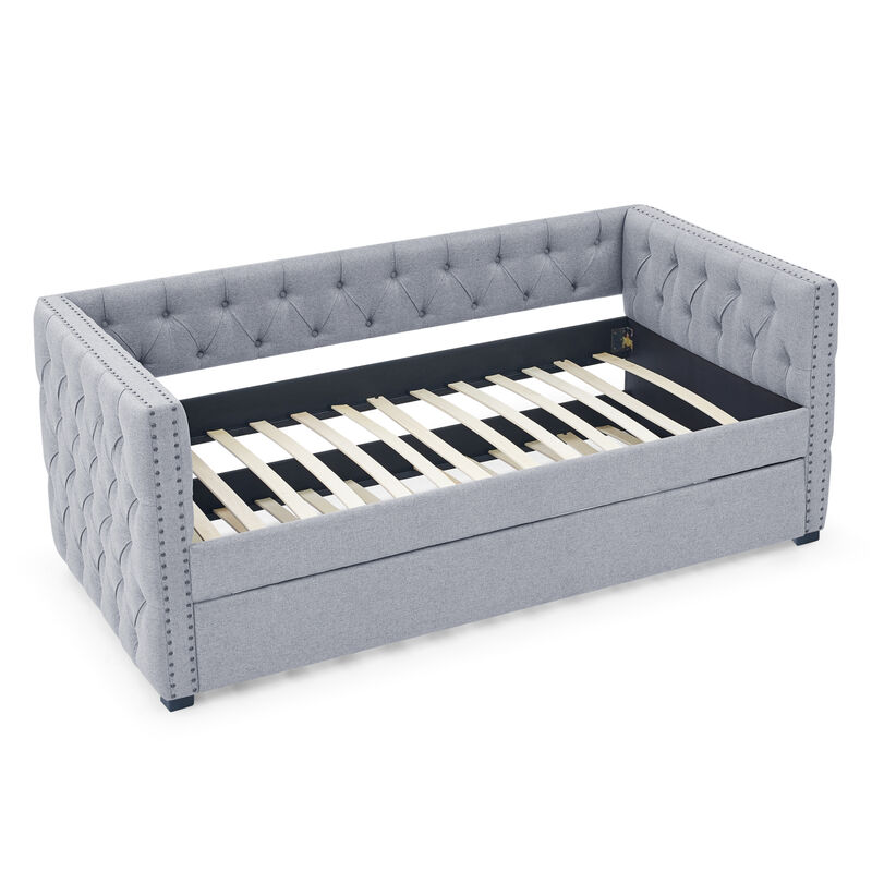 Grey Upholstered Twin Daybed with Trundle & Sofa Bed