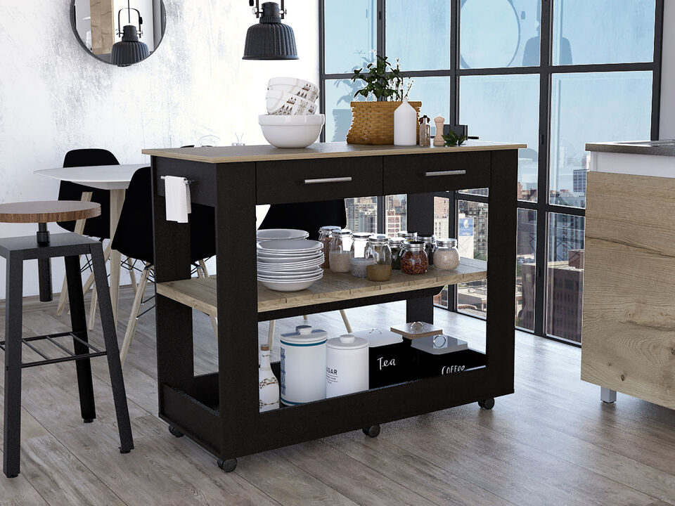 Streamdale Rockaway 2-Drawer 2-Shelf Kitchen Island Black Wengue And Light Oak