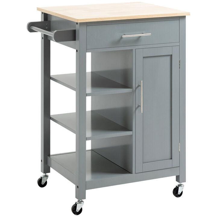 Gray Kitchen Island: Cart with Drawer, Cabinet & Wood Top