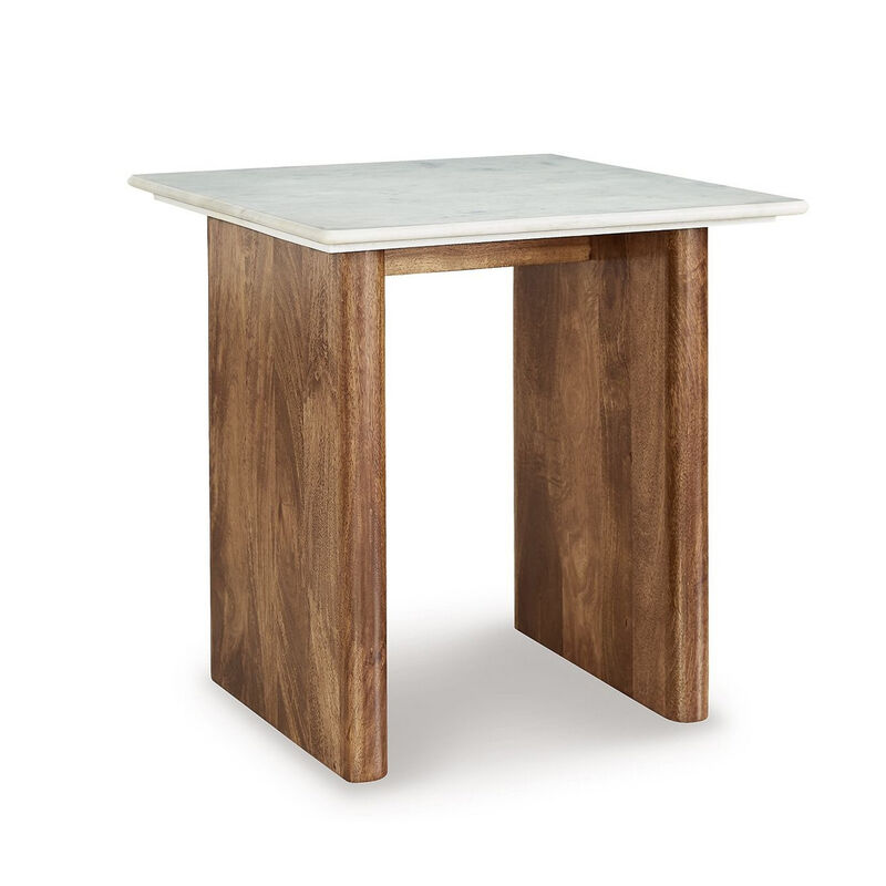 Wrenn Side End Table, Marble Top, 24 Inch Rectangular Brown Mango Wood - Benzara