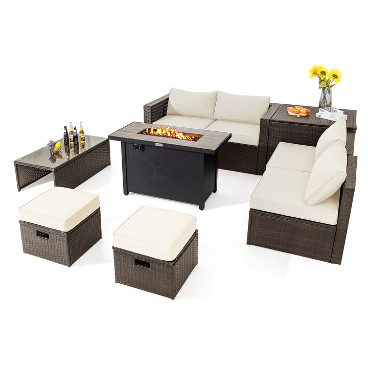 9-Piece Outdoor Patio Furniture Set with Cushions & Propane Fire Pit Table for Garden or Backyard